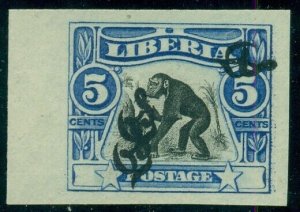 LIBERIA #O48v, 5¢ Chimpanzee, Imperf with TRIPLE Ovpt / one inverted, no gum