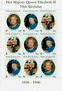 Turks and Caicos - 1996 - Queen Elizabeth 70th - Sheet of Nine - MNH