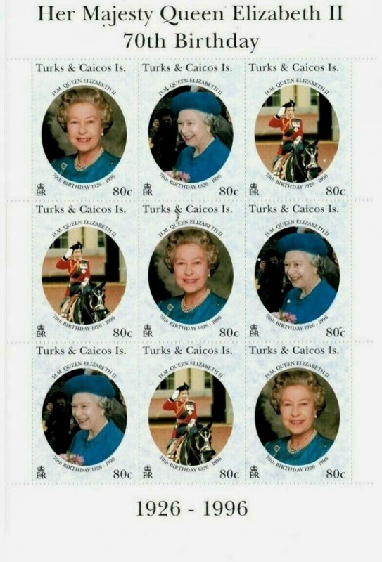 Turks and Caicos - 1996 - Queen Elizabeth 70th - Sheet of 9 Stamps - MNH