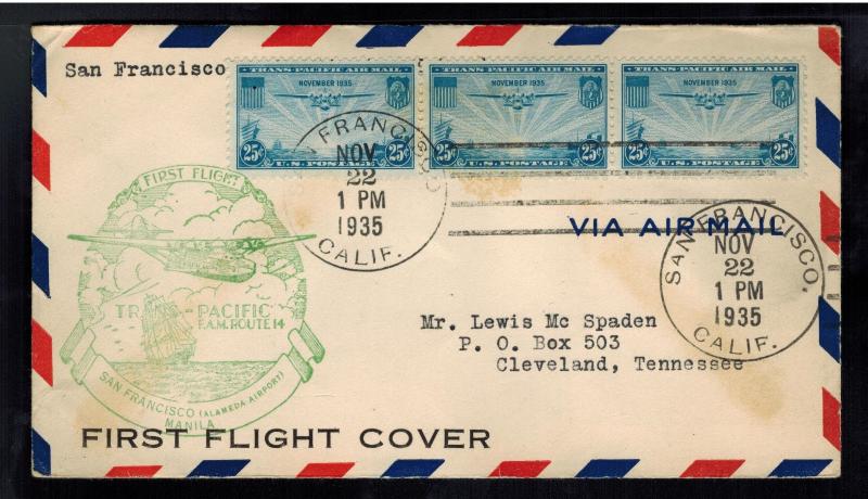 1935 USA first flight cover San Francisco to Manila Philippines FAM 14 Clipper