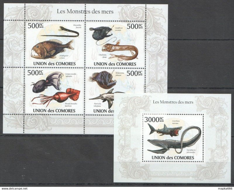 2010 Comoros Marine Life Sharks Monstres Fishes Bl+Kb ** Uc263