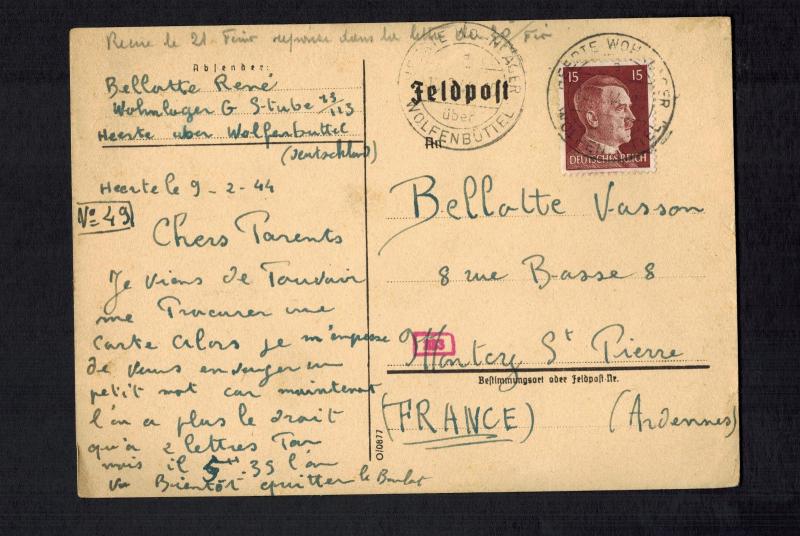 1944 Germany Wolfenbuttel Concentration Camp PC Cover to France Rene Bellotte KZ