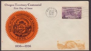 1936 Oregon Territory 100 years Sc 783-2b FDC Unknown cachet Astoria OR