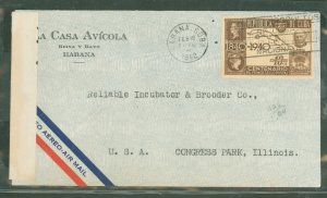 US  Cuba letter, Havana, Feb 12, 1942, to Illinois - pre-Castro - censor strip has examination #3821 on the back