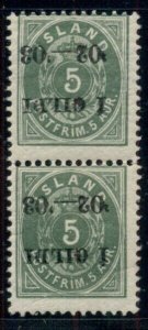 ICELAND #52a (51v1), 5aur I GILDI,  NH pair, INVERTED OVPT, og  Moller cert