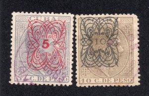 Cuba 1883 5 on 5c & 10 on 10c Type b Surcharge, Scott 109-110 used