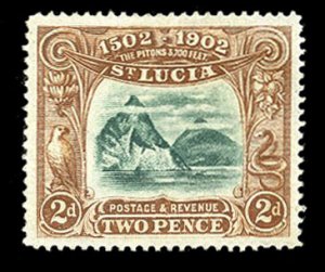 St. Lucia #49 Cat$16, 1902 2p brown and green, hinged