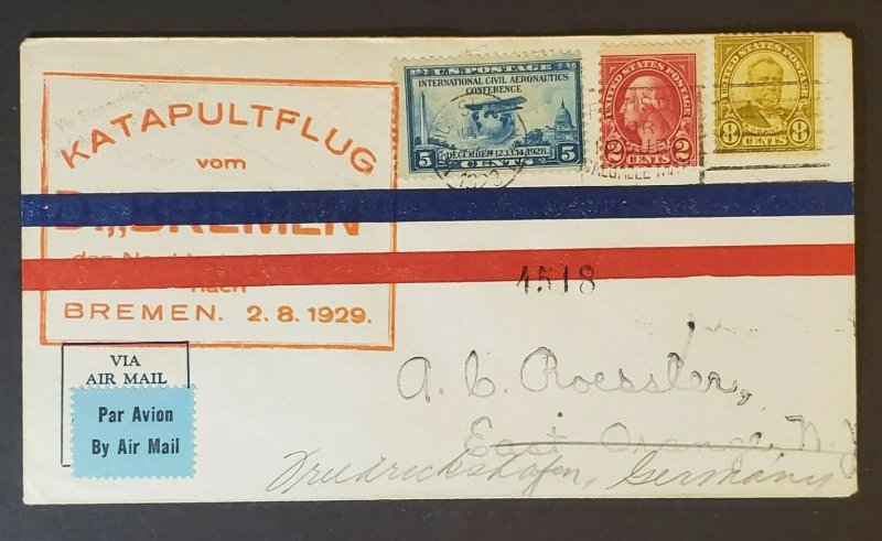 1929 US Germany Zeppelin Scott #666 Olive Grant Stamp Catapult Air Mail Cover