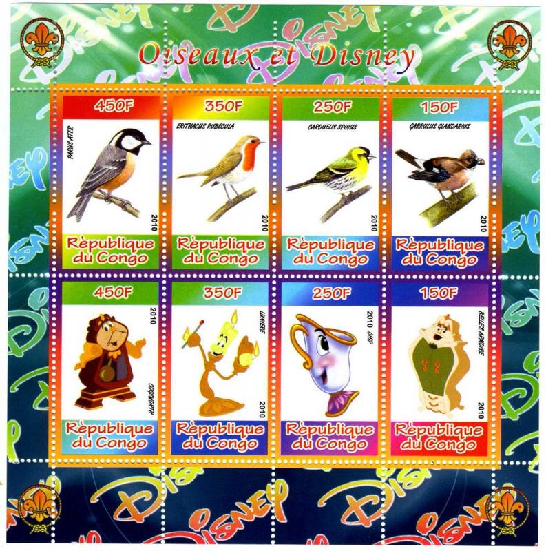 Congo 2010 BIRDS & DISNEY Scout Emblem Sheet (8) Perforated Mint (NH)