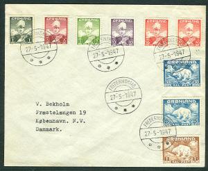 GREENLAND 1947 Complete first issue set of 9 to DENMARK