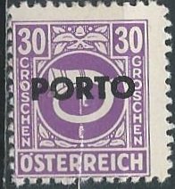Austria J198 (used) 30g posthorn, brt vio, ovtpd Porto (1946)