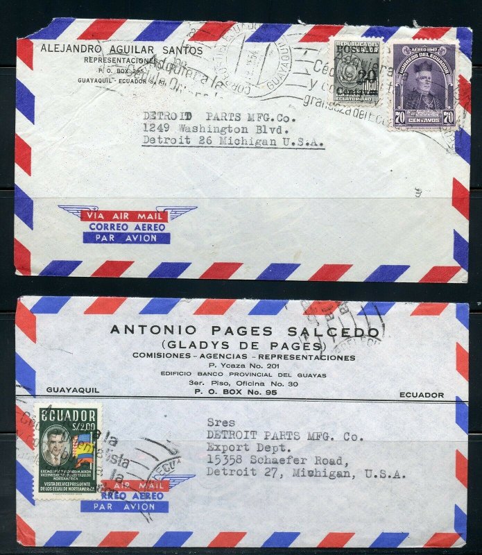 ECUADOR LOT OF 19 COMMERCIAL AIR MAILS COVERS MOSTLY 1950'S  AS SHOWN