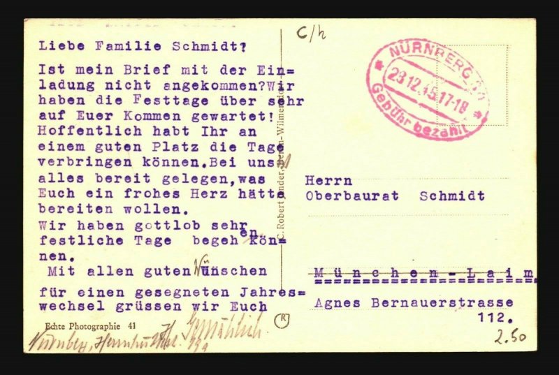 Germany 1945 Nurnberg Stampless Postcard - Z17136