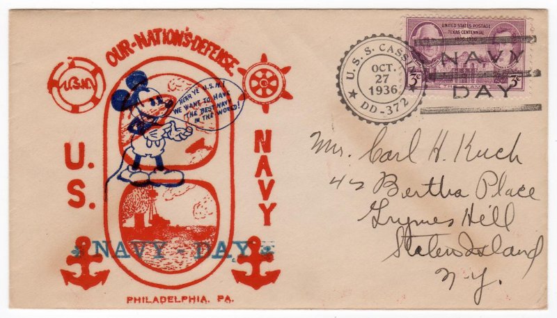 Disney Mickey Mouse on Navy Day cachet for USS Cassin, 1936