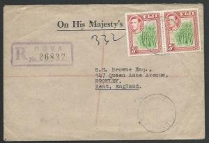 FIJI 1950 GVI 5d pair on registered cover Suva to UK.......................61754