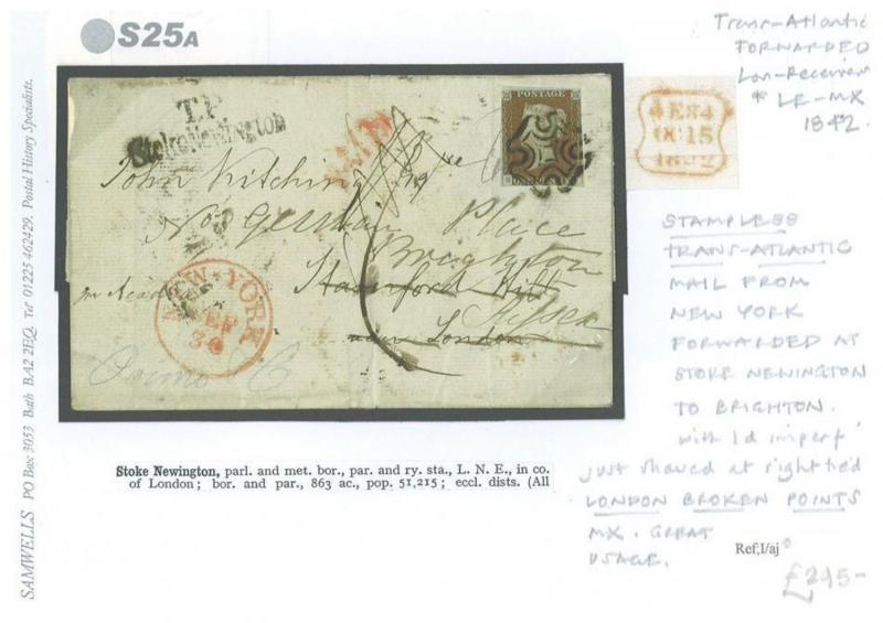 S25a PENNY RED TRANSATLANTIC COVER 1842 USA Forwarded Stoke Newington London MX