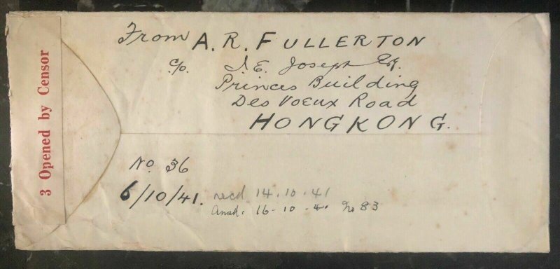 1941 Hong Kong Censored Cover To Melbourne Australia Via Airmail - Rangoon CNAC