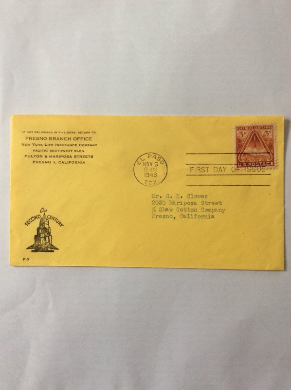 1948 Fort Bliss Centennial 3c First day cover. El Paso post mark to Fresno.