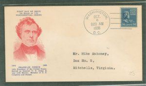 US 819 1938 14c Franklin Pierce (presidential/prexy series) single on an addressed (typed) first day cover with a Holland cachet