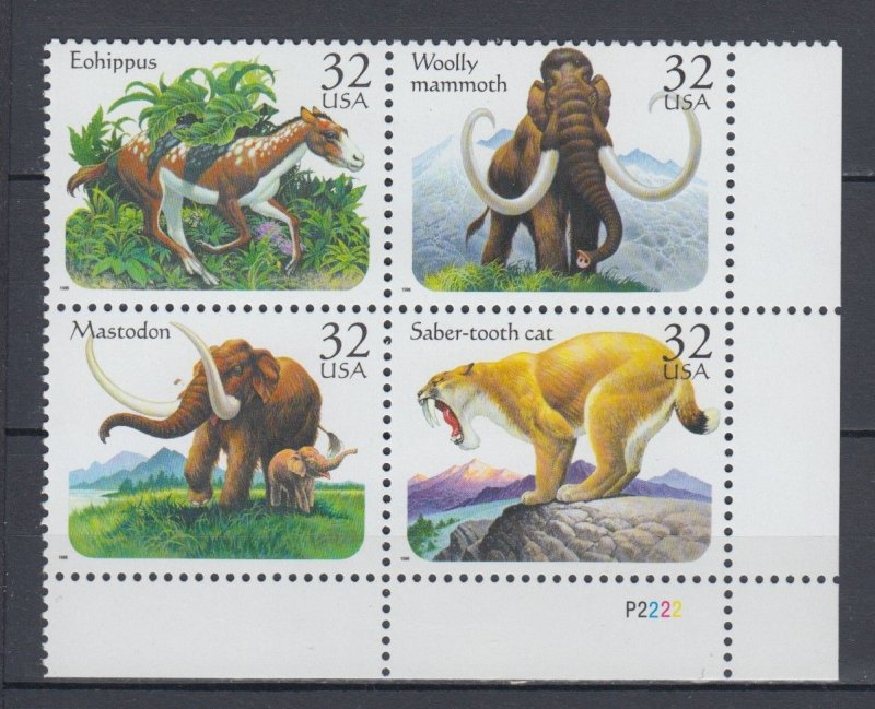 (B) USA #3080a  Prehistoric Animals Block of 4 MNH