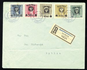 Poland #30/39, 1918 3h, 15h, 45h, 50h surcharges, also 50h, five different ti...