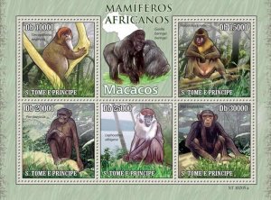 S. TOME & PRINCIPE 2010 - Animals of Africa - Monkeys 5v - Mi 4459-4463
