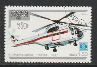 1987 Cambodia - Sc 816 - used VF - 1 single - Helicopters - HAFNIA 87
