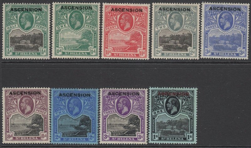 SG 1-8 Ascension 1922 ½d - 1/- Set of 9 values. lightly mounted mint. CAT £325