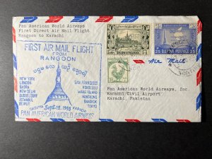 1953 Burma Airmail First Flight Cover FFC Rangoon to Karachi Pan American Airway