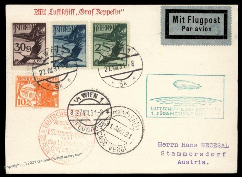 Austria 1931 Graf Zeppelin  Mi216Ib SAF Brazil 50 Flown Cover 99814