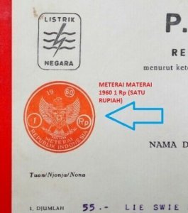 Indonesia Indonesie Revenue Meterai Materai 1 Rupiah 1960 electricity bill used