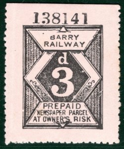 GB Wales BARRY RAILWAY Newspaper QV Parcel Stamp 3d Superb Mint {samwells}WHB36