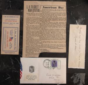 1945 Los Angeles Ca USA Patriotic Cover American Day Contents + Ticket