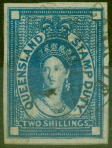 Queensland 1871 2s Blue SGF19var Imperf Single Fine Used Fiscal Cancel Rare