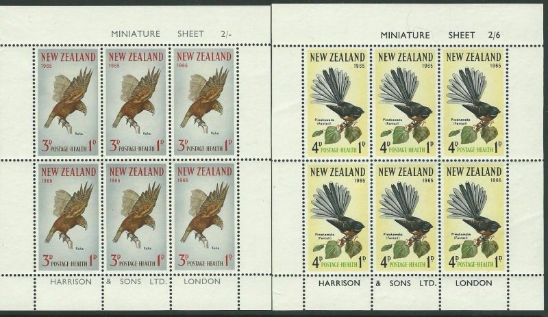 1965 NEW ZEALAND SG:MS832c HEALTH STAMPS - BIRDS - 2 MINI SHEETS UNMOUNTED MINT