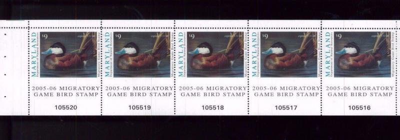 Duck Stamp ERROR Imperforate Between Stamp/Tab - MARYLAND 2005 #32 (Strip of 5)