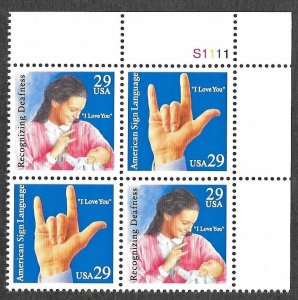 US SC 2784a * American Sign Language * Plate Block * MNH * 1993