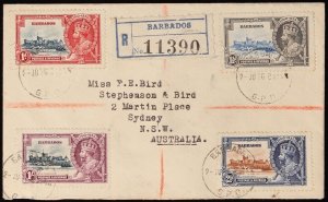 BARBADOS 1936 Registered cover franked KGV Silver Jubilee set. To Australia.