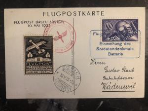 1925 Basel Zurich Switzerland Military Airmail Cover Soldier Memorial # C7 SF30