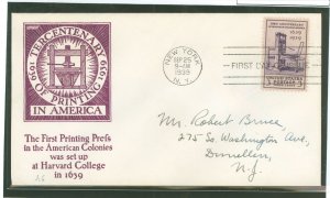 US 857 1939 3c Tercentenary of the Printing Press in the US (single) on an addressed first day cover with an Anderson cachet.