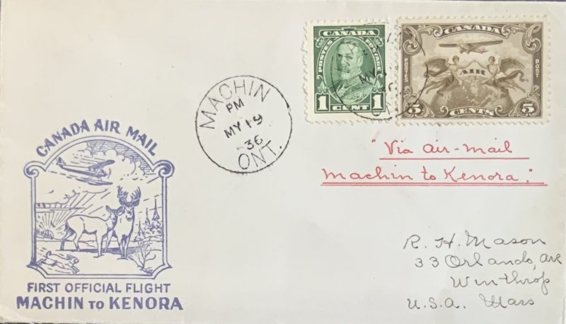 CANADA 1936 FIRST FLIGHT COVER MACHIN TO KENORA