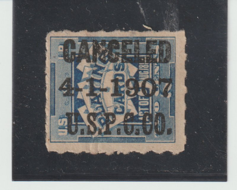 US Scott #RF3 U.S.P.C. CO. Playing Card Stamp  Type Dated 4-1-1907 Rouletted