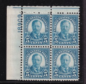 1927 Sc 637 Roosevelt 5c MNH VF full original gum, plate block of 4 (2B