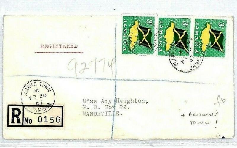JAMAICA Cover Registered *Clarks Town* Browns Town {samwells-covers}1967 CS17