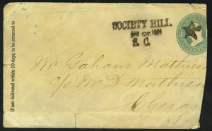US 1881 SOCIETY HILL S.C. DUPLEX STRAIGHT LINE WITH STAR CANCEL-RARE COVER REDUC