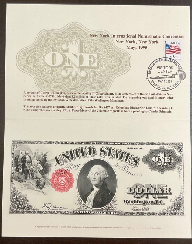 BEP B195 Souvenir Card $1.00 Legal Tender Note - Canceled and Uncanceled