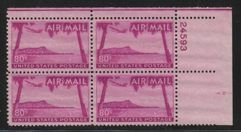 1952 Airmail Sc C46 80c Hawaii plate block of 4 MNH 24593UR   Durland CV $25