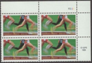 2000 Summer Sports-Runners Plate Block of 4 33c Postage Stamps, Sc#3397, MNH, OG