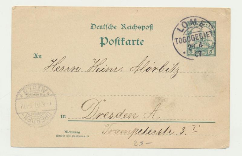 TOGO GERMAN COLS 1907 5pf CARD, LOME TO DRESDEN (SEE BELOW)