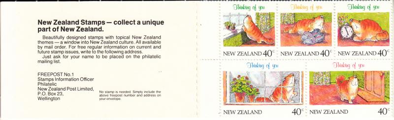 New Zealand 1991 MNH Scott #1037a Pane of 5 40c Thinking of You Cat